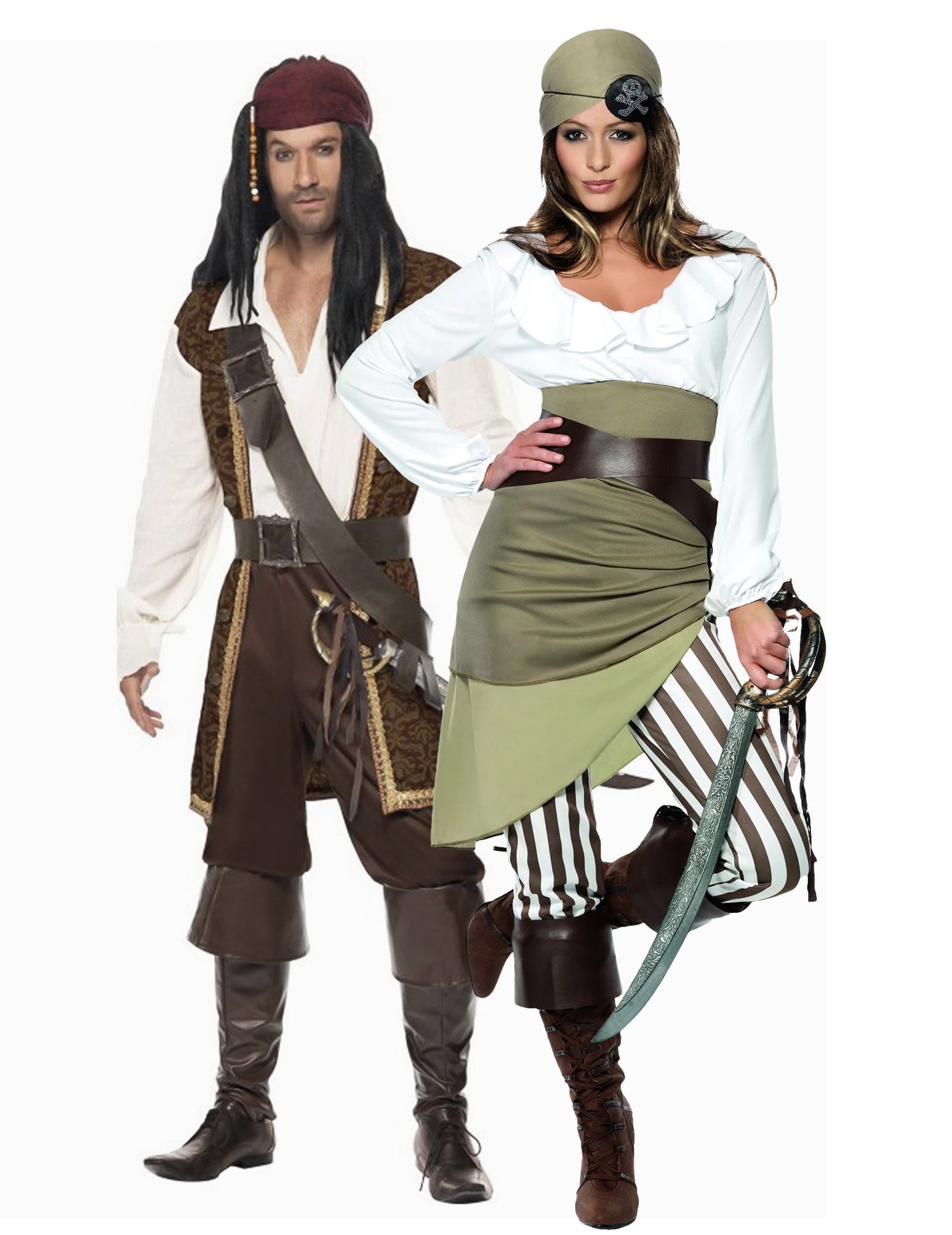 Déguisement de couple pirate marron et vert adulte