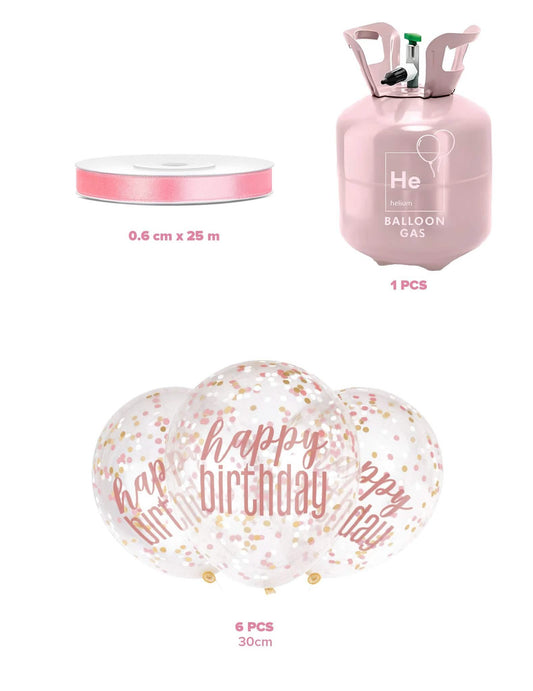 Hélium palack készlet 6 konfettis Happy Birthday lufival és szalaggal