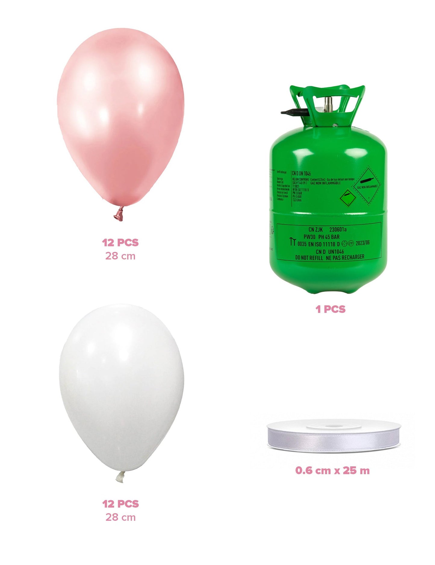 Kit bouteille d'hélium avec 12 ballons rose gold 12 ballons blancs et ruban