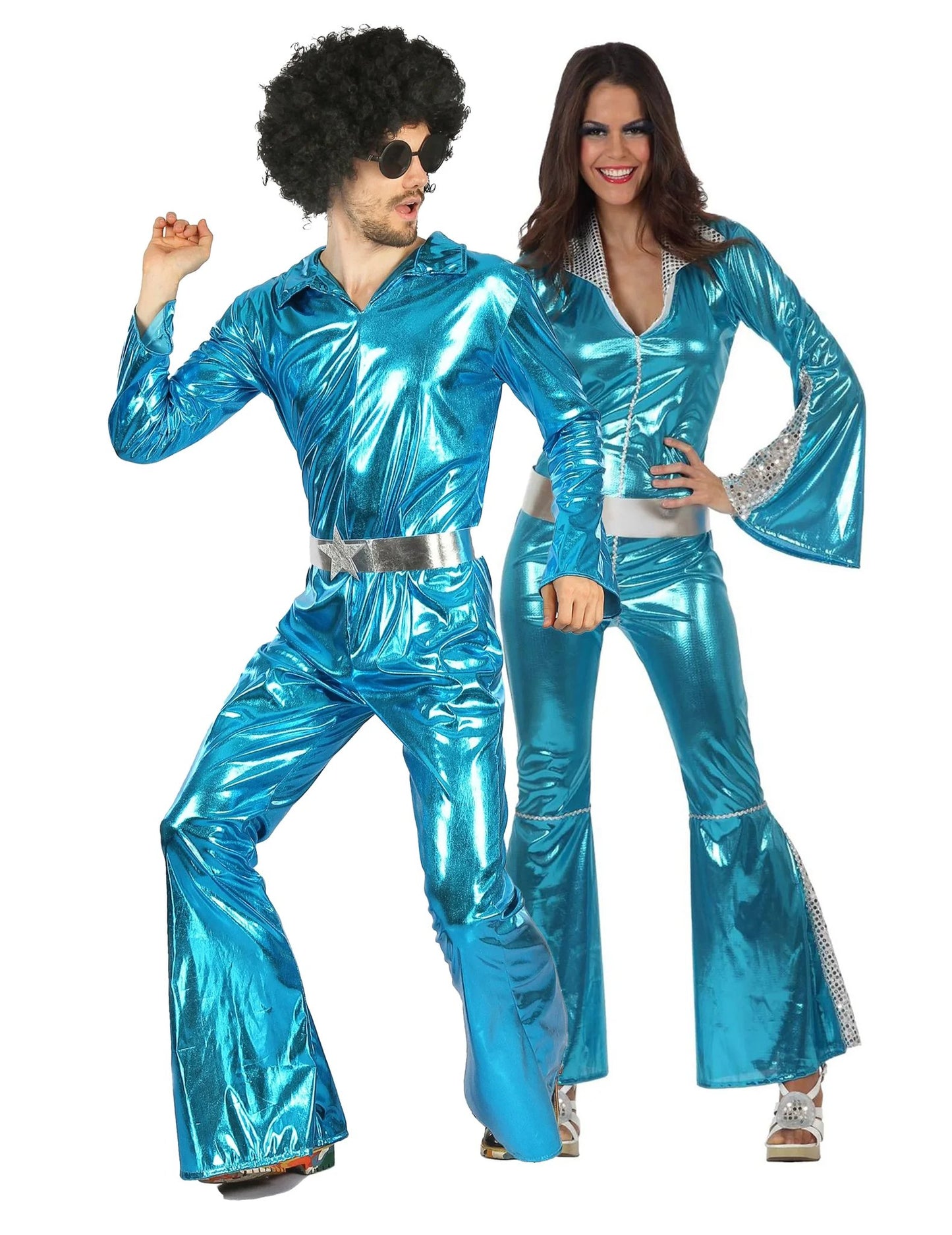 Déguisement de couple disco bleu brillant adultes
