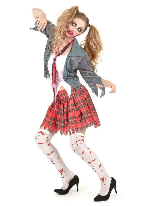 Zombi iskoláslány jelmezcsomag művérrel és harisnyával Halloweenre