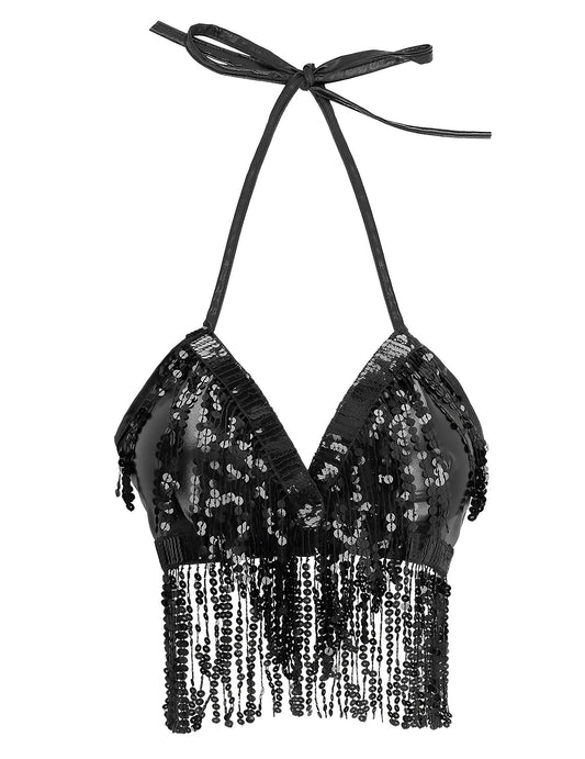 Vue de face du top avec franges et sequins pour femme noir