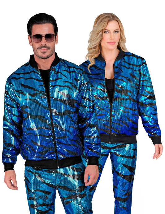 Veste portée par un homme et une femme de la veste à sequins vague bleue