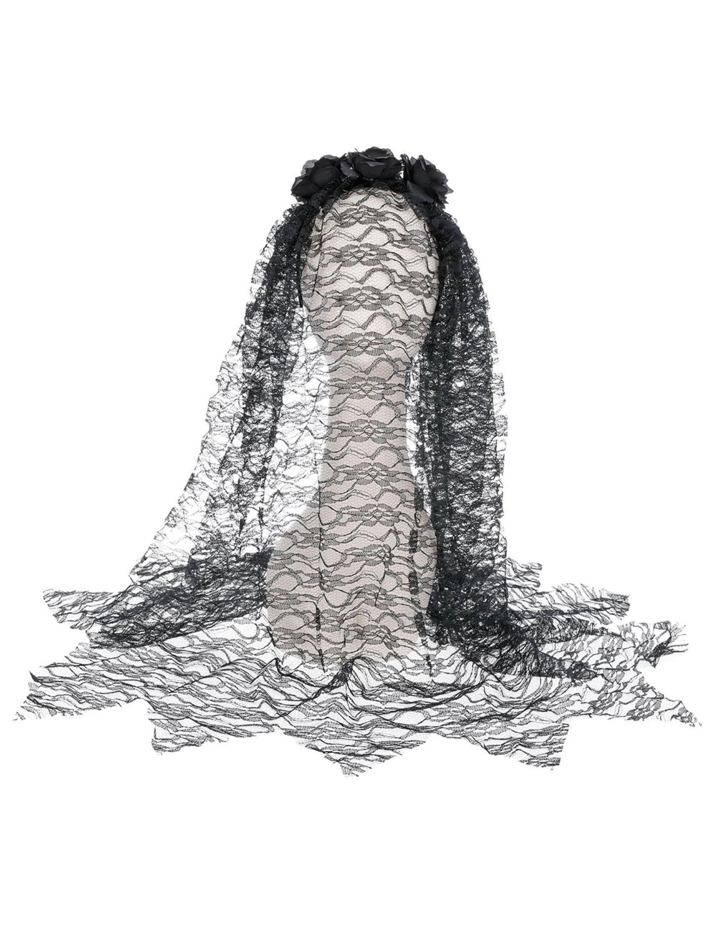 Détail du drapé de la dentelle du voile long veuve noire