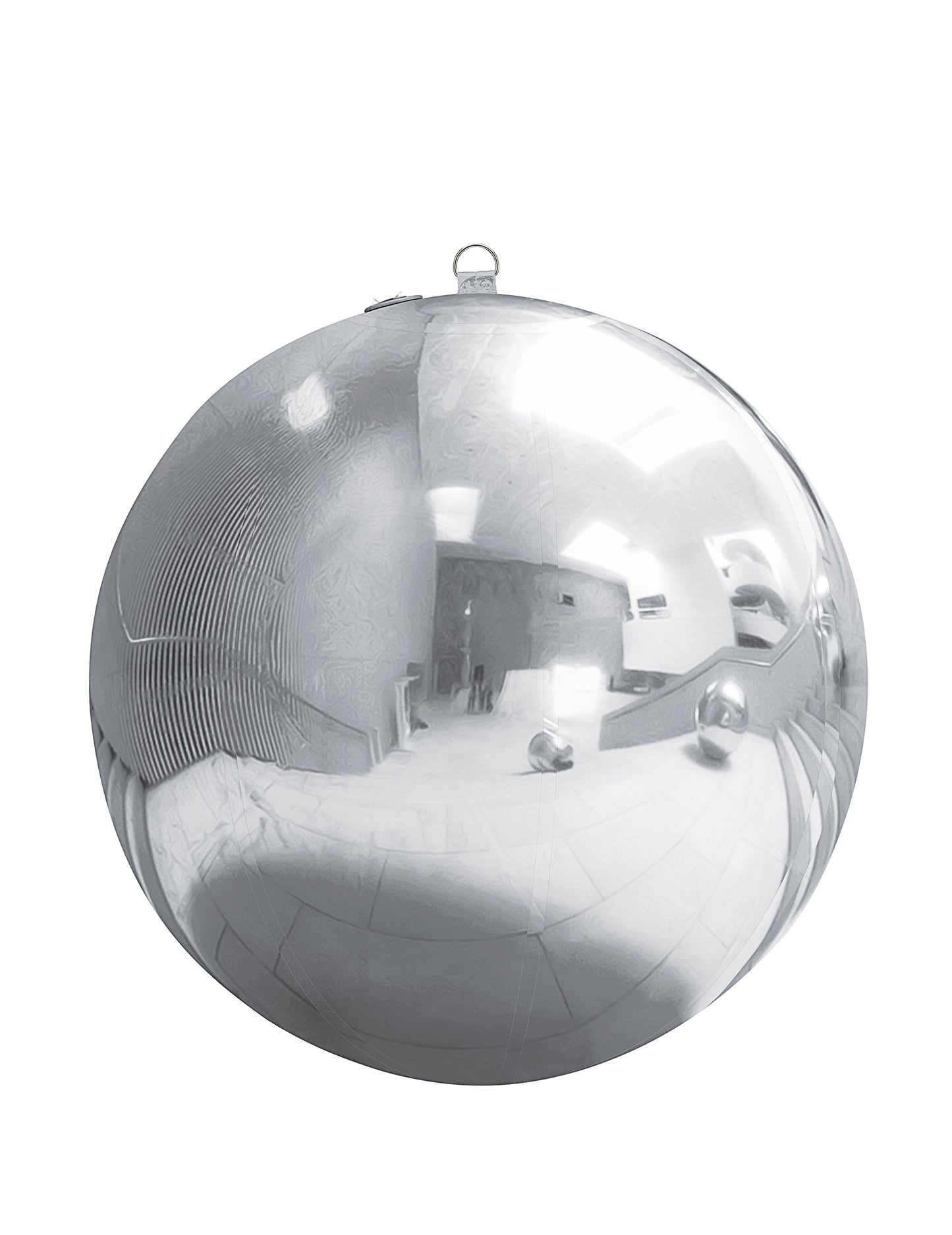 Détail de l'attache de suspension de la boule miroir gonflable argentée