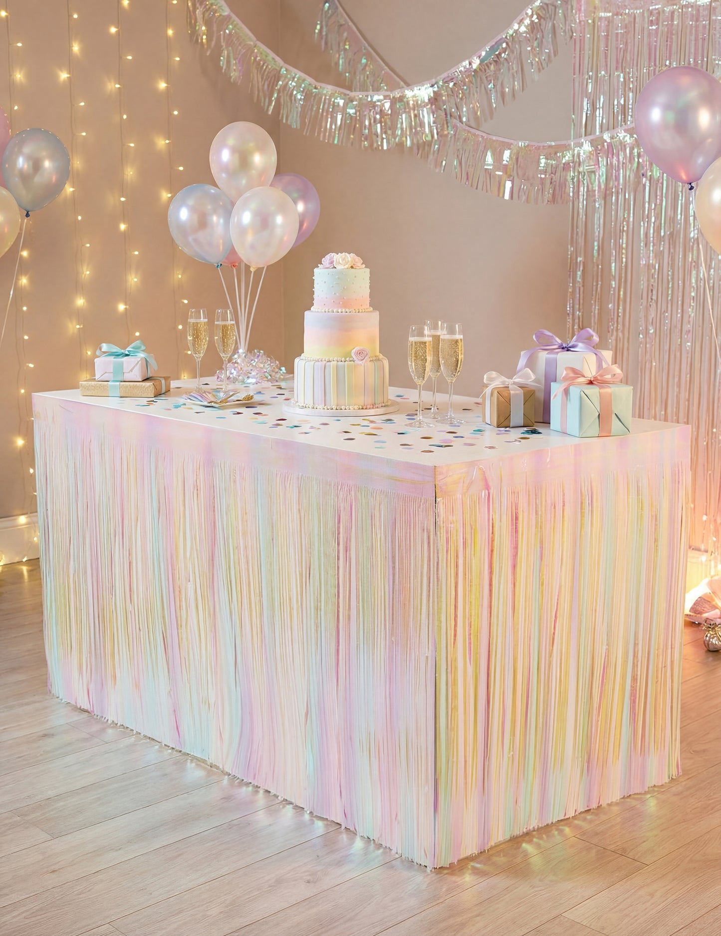 Irideszkáló rojtokkal díszített asztalszoknya 300 x 80 cm 