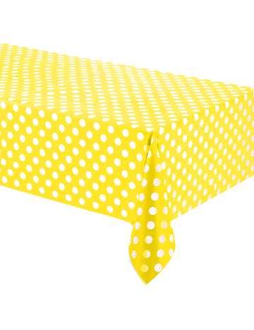 Sárga műanyag asztalterítő fehér pöttyökkel, 1,37 x 2,74 m 