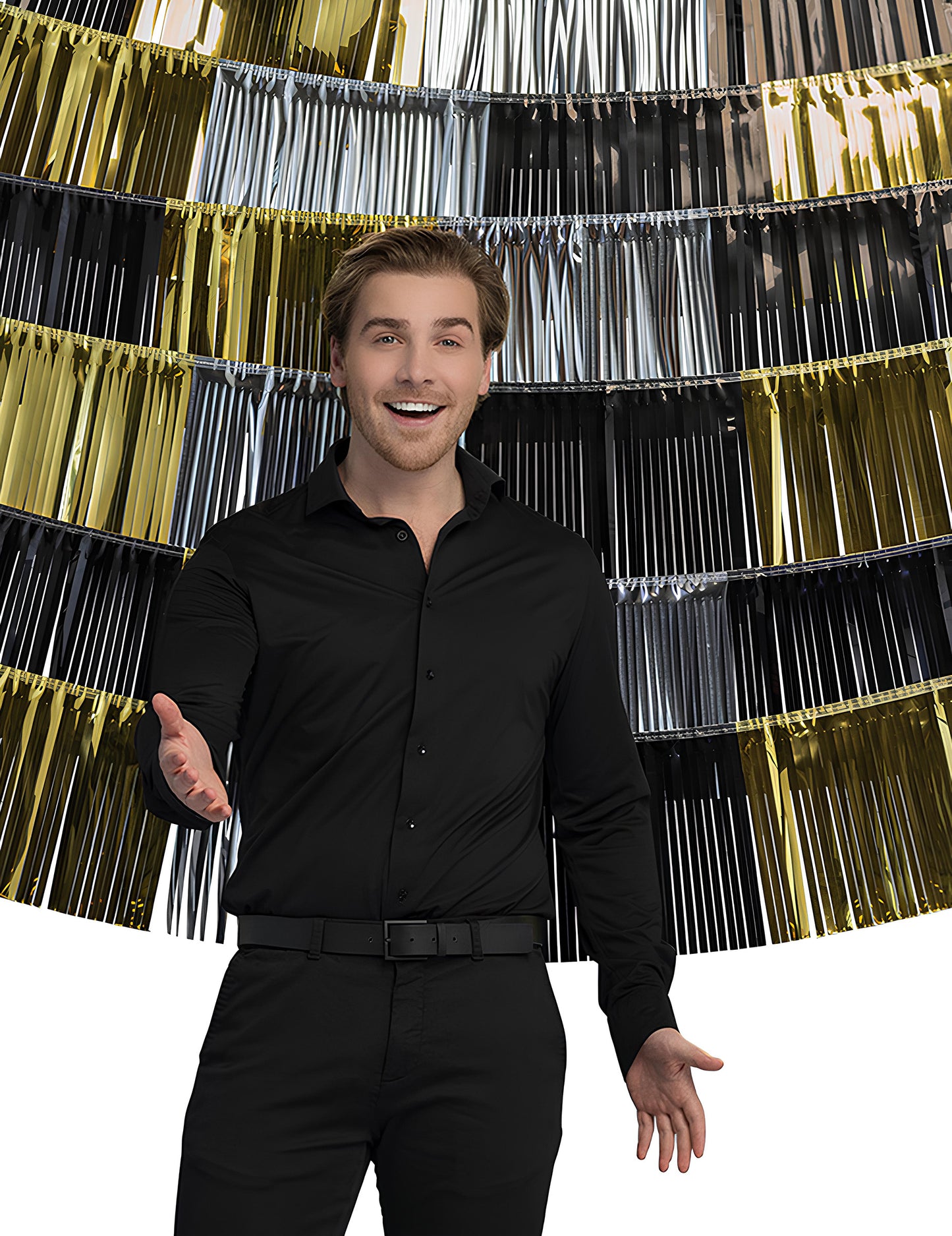 1 háttér, 6 darab 150 x 26 cm-es fémszálas rojtfüzér cm 