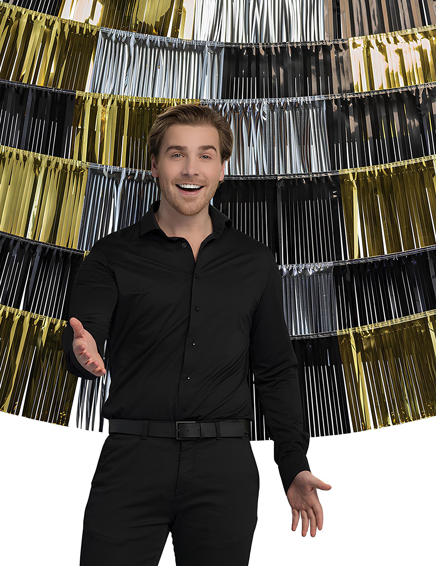 1 háttér, 6 darab 150 x 26 cm-es fémszálas rojtfüzér cm 