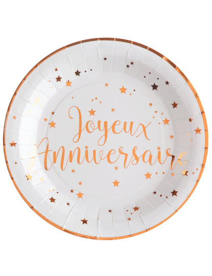 10 db rozéarany boldog születésnapot kartontányér 22,5 cm fehér csillagok