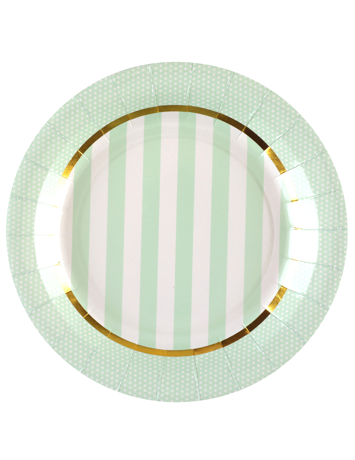 Assiettes en carton baby shower menthe à rayures et pois avec bordure dorée