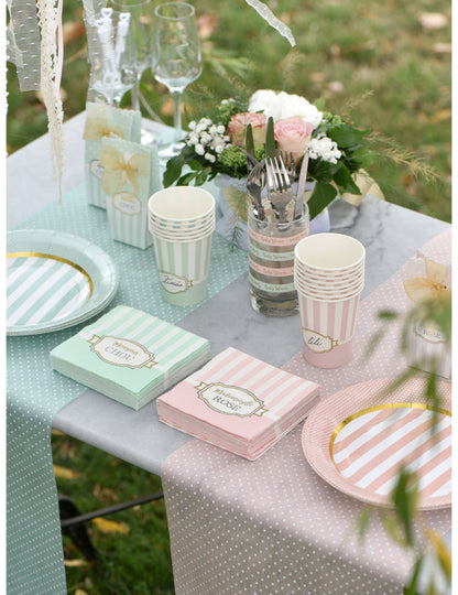 Mise en situation sur une table décorée des assiettes en carton baby shower pour fête