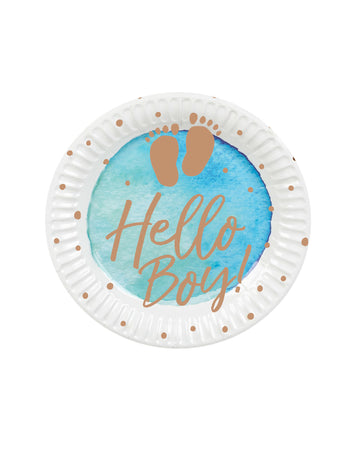 10 kék és arany Hello Boy kartontányér 23 cm babaváró buli