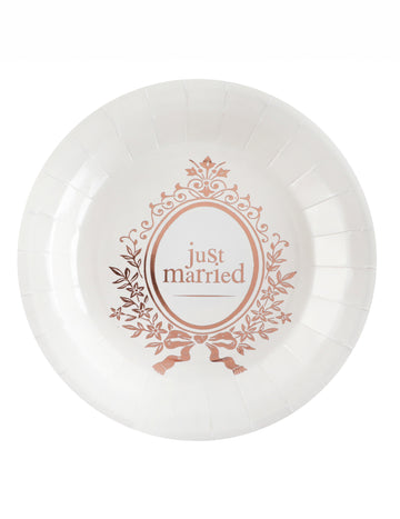 Assiettes en carton Just Married pour mariage chic blanches et rose gold