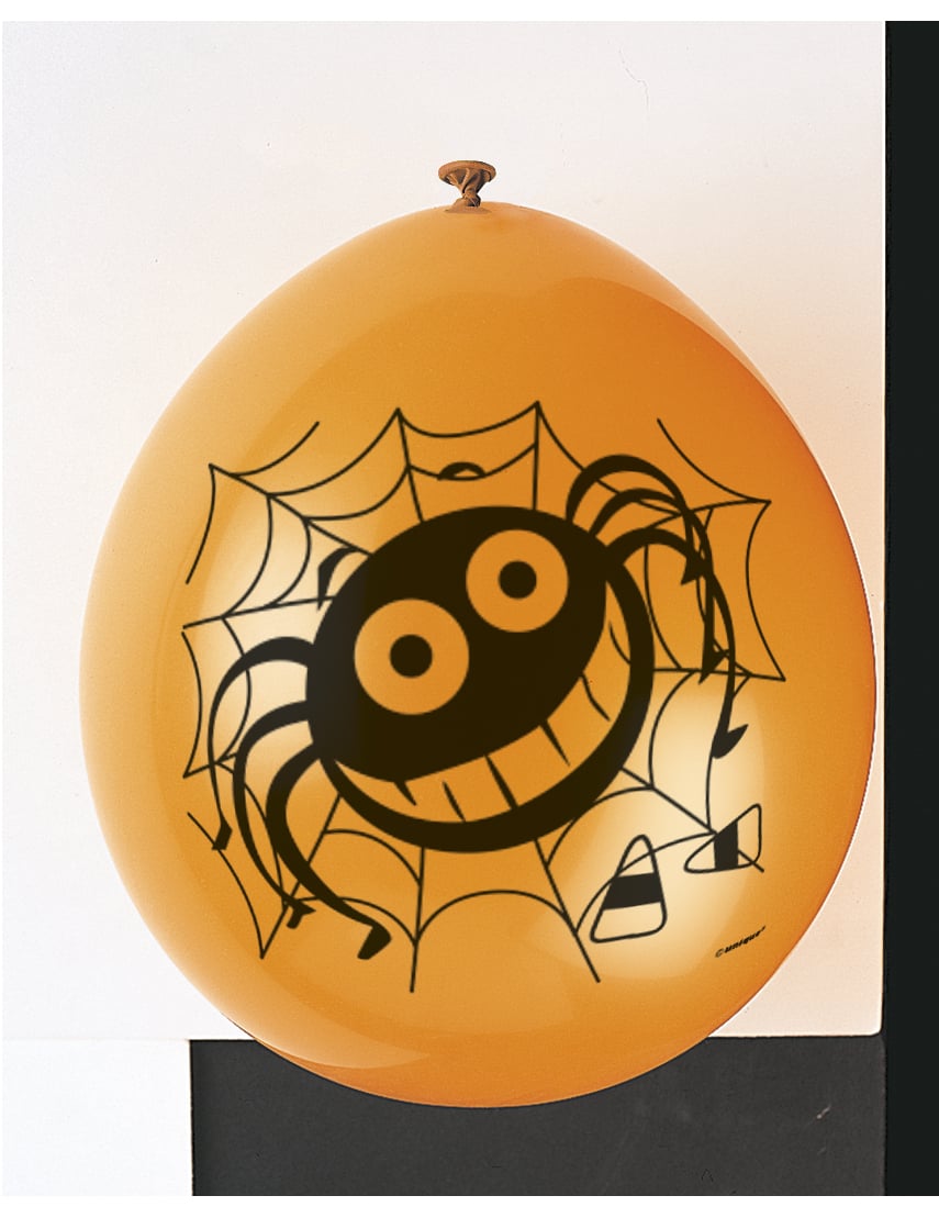 A pók mintázat részlete narancssárga háttéren a fekete pókos latex lufin