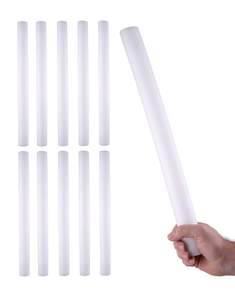 Vue du lot de 10 et prise en main du bâton lumineux LED en mousse multicolores