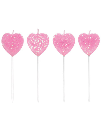 10 rózsaszín szíves, csillámos tortagyertya pálcikán 7 cm 