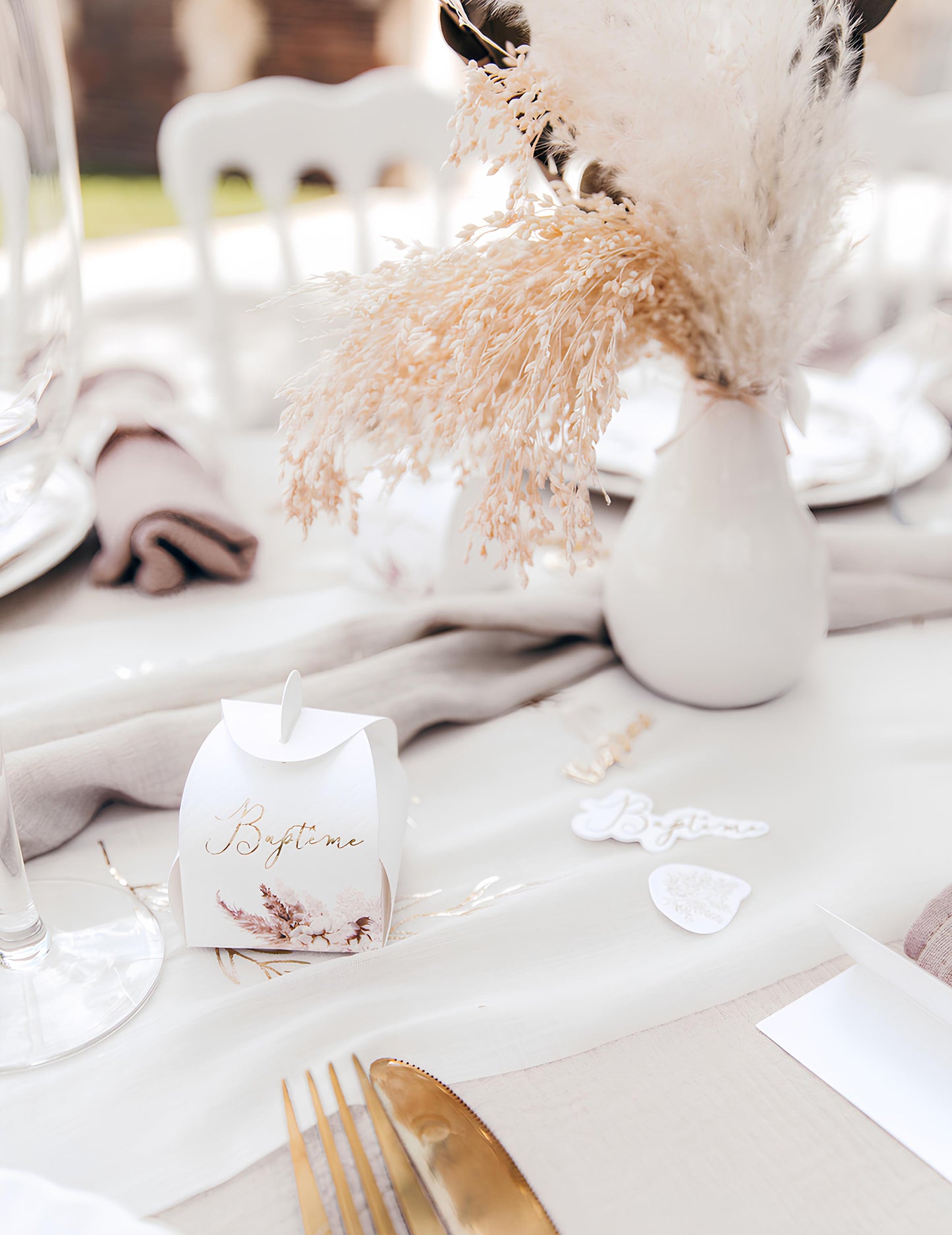 10 karton keresztelői doboz pampafűvel és gyapotvirágokkal (5x7 cm) cm