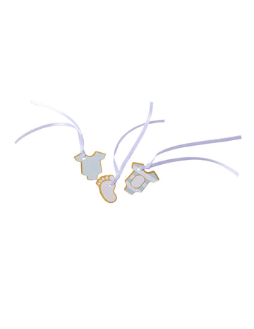 10 db kis kincses címke, kék és arany csíkos, 3 x 1,7 cm babaváró bulira