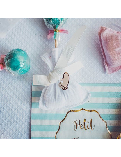 10 csíkos rózsaszín és arany "Kis csoda" címke, 3 x 1,7 cm szalagokkal