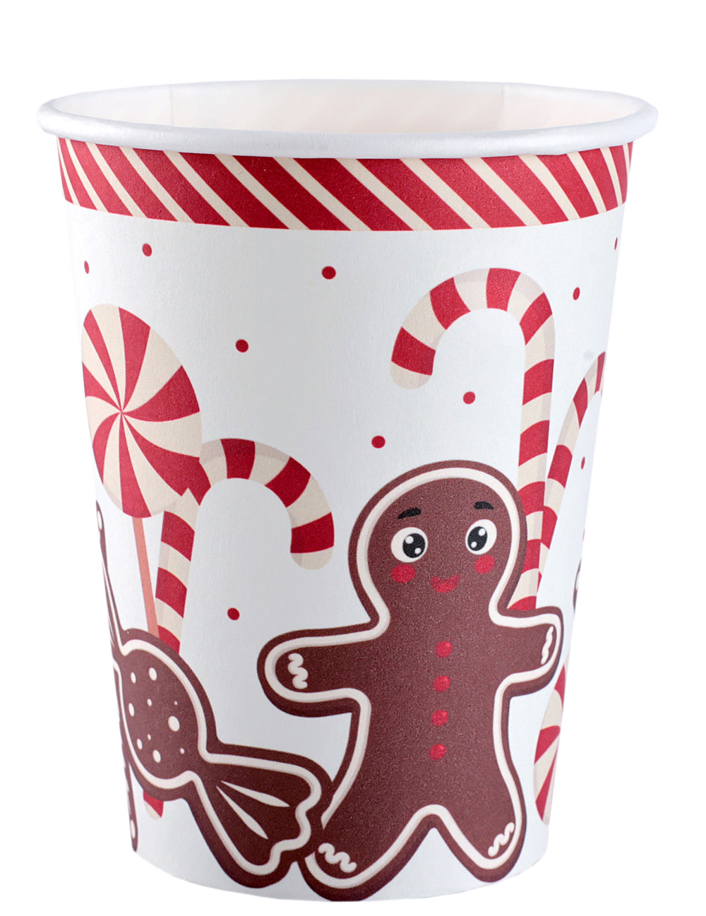 Gobelets en carton gourmandises de Noël pour fête blanc avec bonhomme de pain d'épices et sucres d'orge