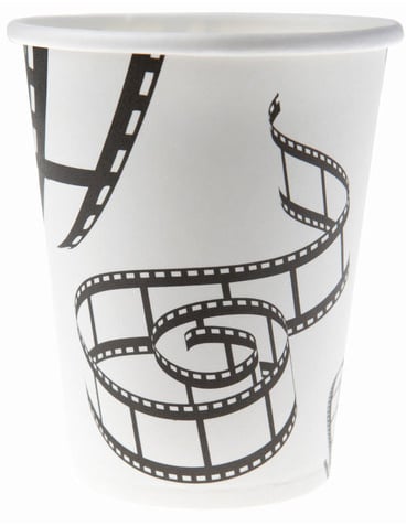 Gobelets en carton cinéma pour fête blanc et noir avec motifs de pellicule