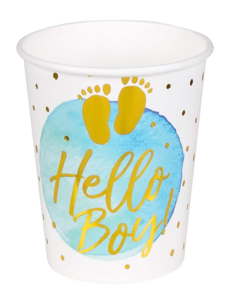 Hello Boy papírpoharak baby showerre kék és arany színben arany pöttyökkel