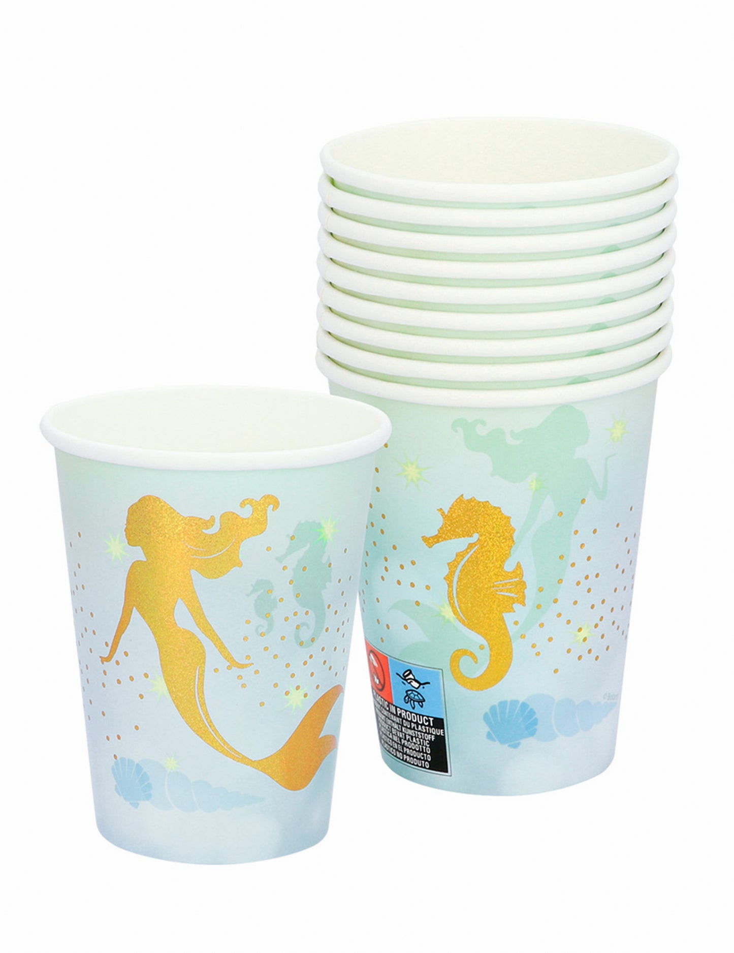 10 kék és arany sellő témájú kartonpohár, 210 ml