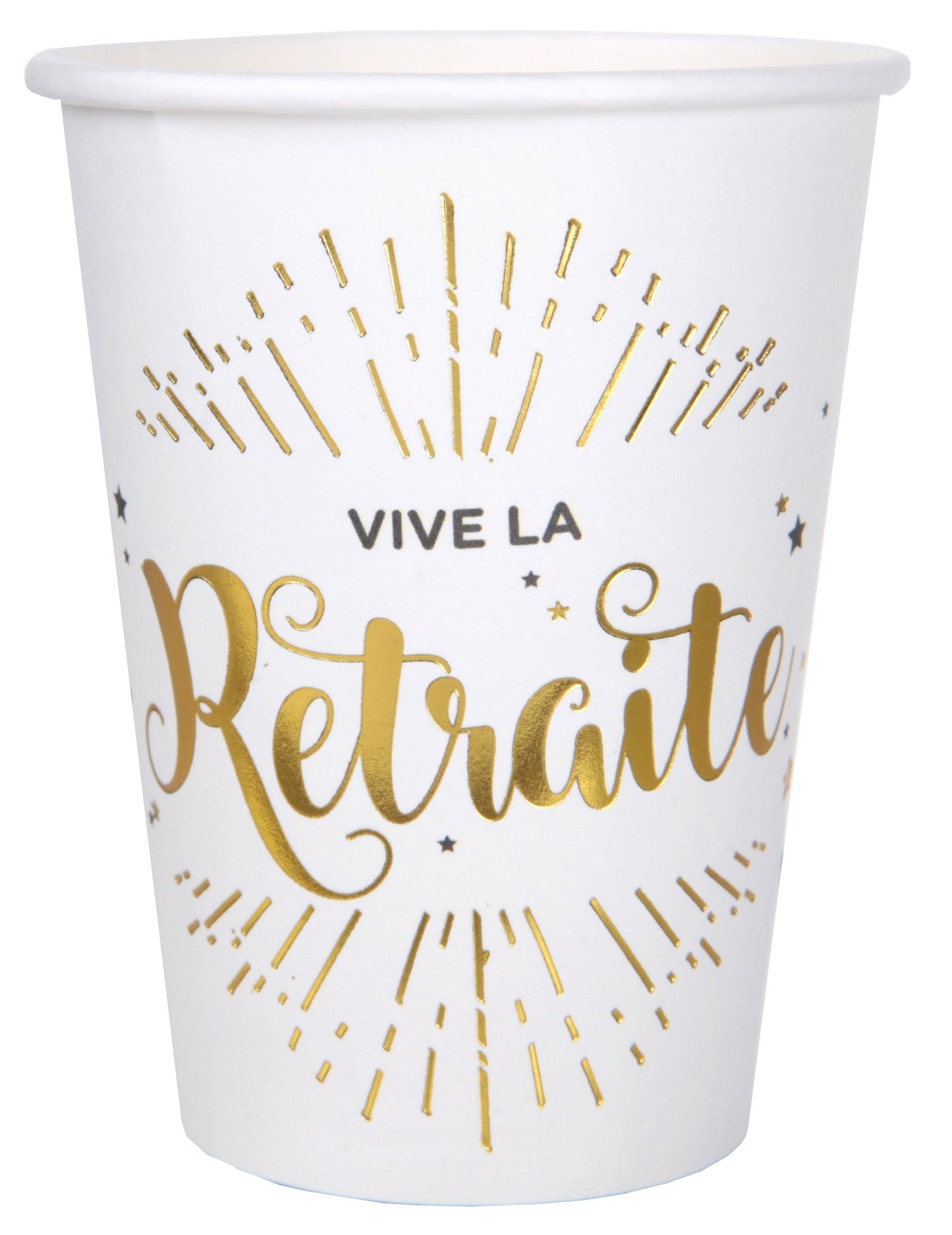 10 db fehér és arany "Vive la retraite" kartonpohár, 7,8 x 9,7 cm cm dekorációhoz