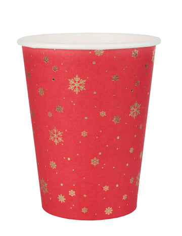 10 piros kartonpohár arany hópehely mintával, 27 cl, asztalra