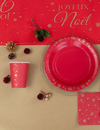 10 piros kartonpohár arany hópehely mintával, 27 cl, asztalra