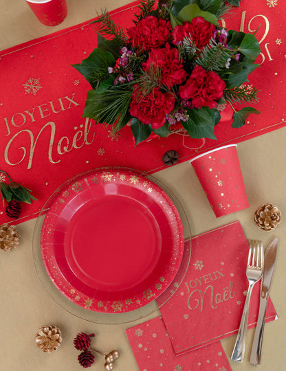 10 piros kartonpohár arany hópehely mintával, 27 cl, asztalra