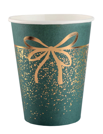 10 zöld és arany karácsonyi kartonpohár, 27 cl, ünnepi minta