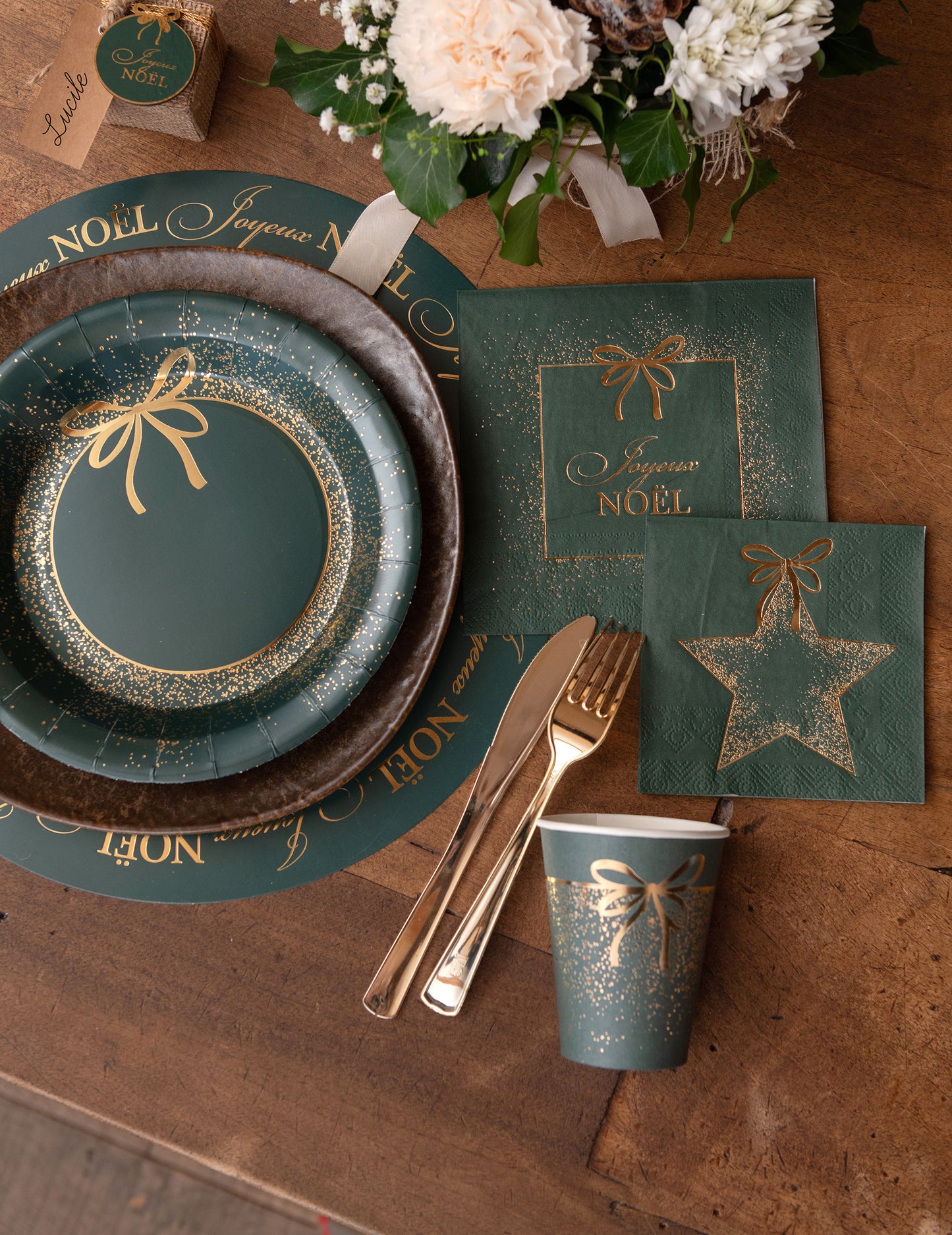 10 zöld és arany karácsonyi kartonpohár, 27 cl, ünnepi minta