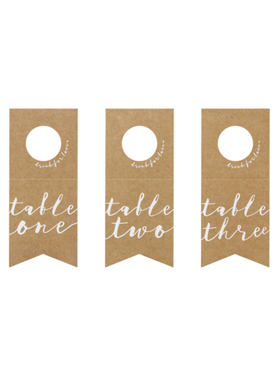 10 db kraftpapír asztali jelölő üvegekhez, fehér számokkal