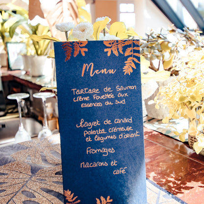 10 étlap, tengeri és rézpáfrányok, 22,5 x 11 cm esküvőre