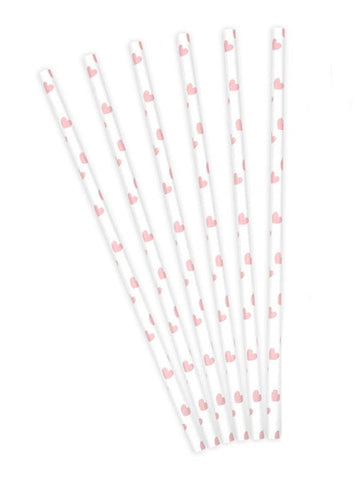 10 fehér karton szívószál rózsaszín szívekkel 19.5 cm Valentin-nap