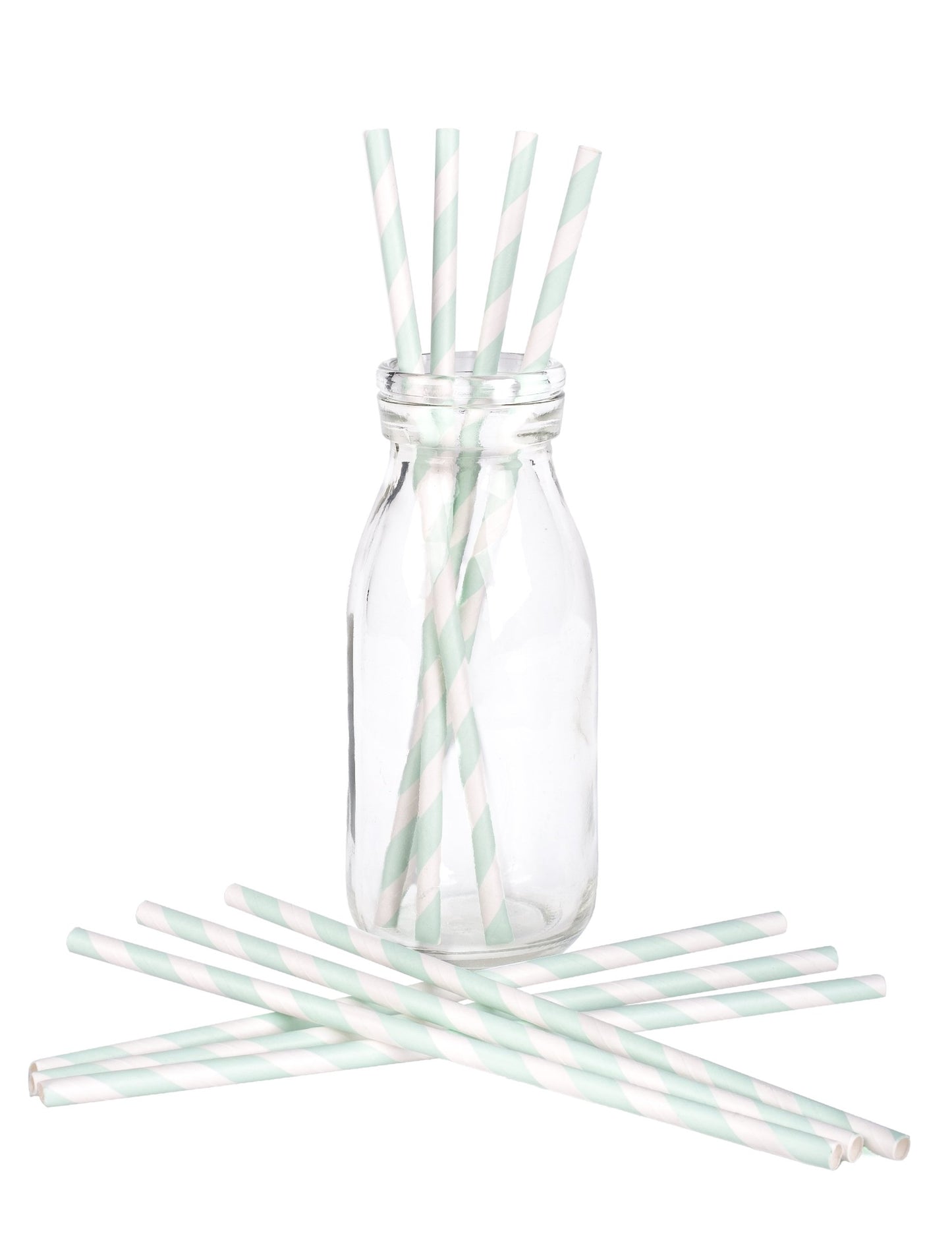 10 pailles en carton rayées blanches et menthe 19,5 cm pour fête