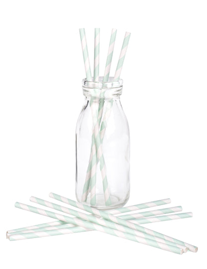 10 pailles en carton rayées blanches et menthe 19,5 cm pour fête