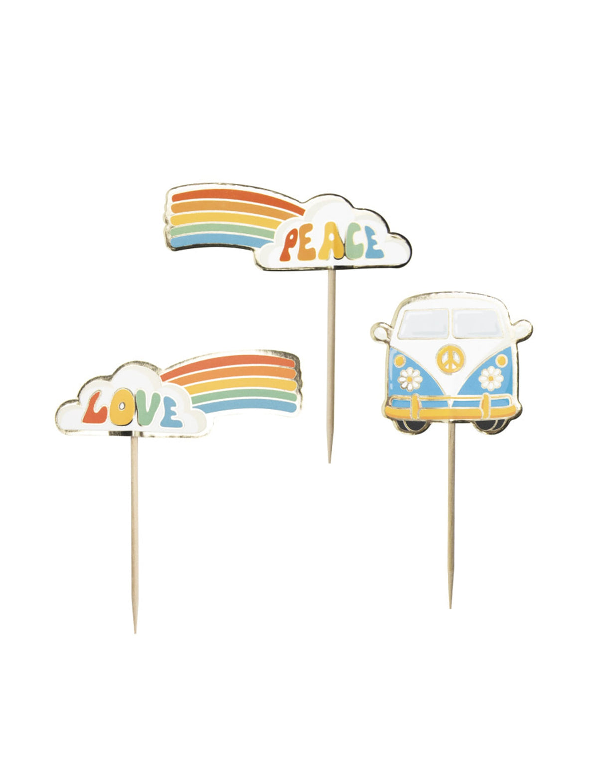 Pics à cocktail Hippie Party pour fête multicolores avec motifs van et arc-en-ciel