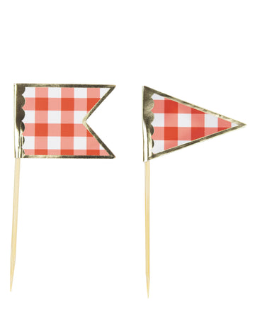 Pics à cocktail vichy pour fête rouge et blanc avec bordure dorée