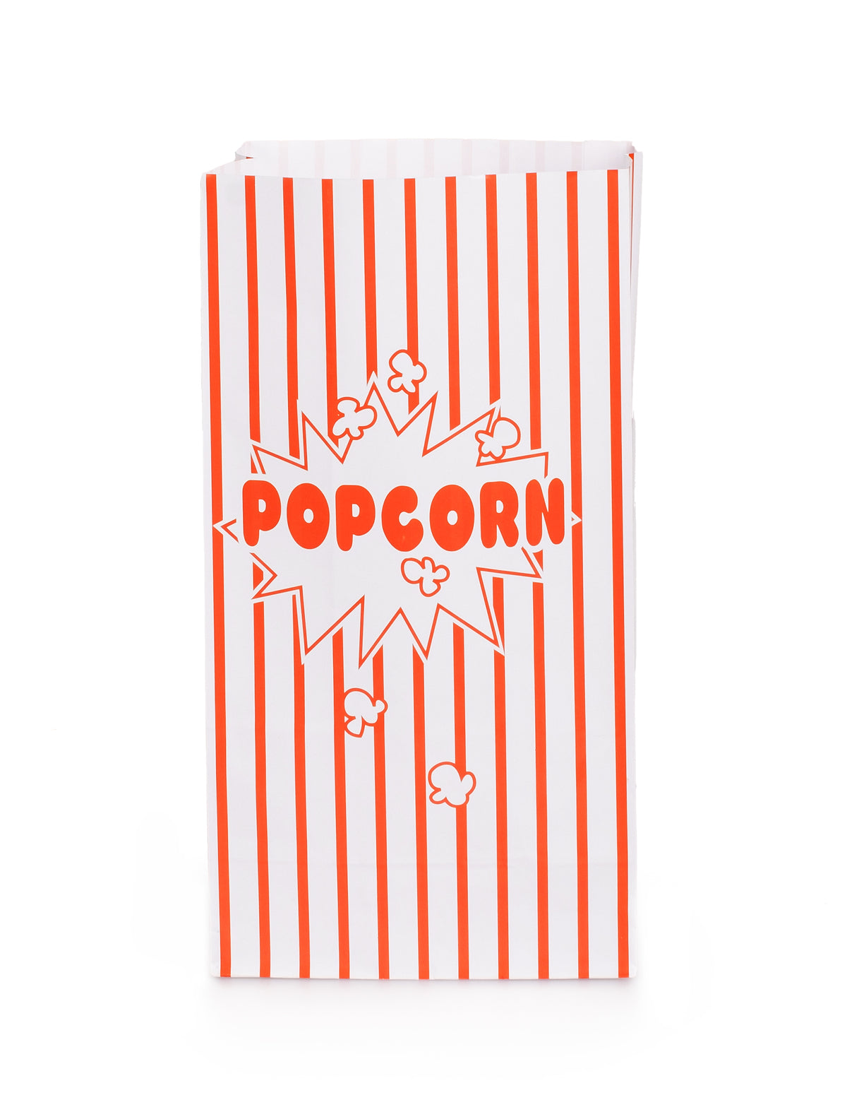 Vue de face du sachet en papier popcorn cinéma rayés blancs et rouges