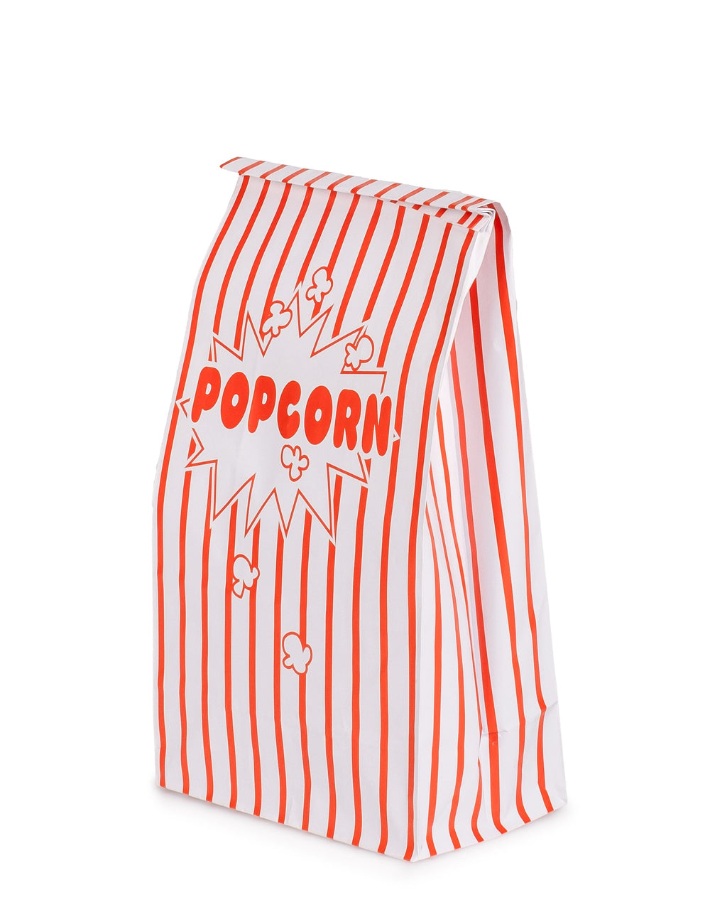 Vue de profil du sachet en papier popcorn cinéma rayés blancs et rouges
