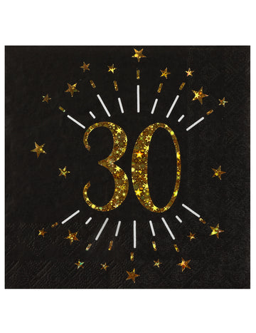 10 fekete és arany "Boldog születésnapot 30" papírszalvéta csillagokkal