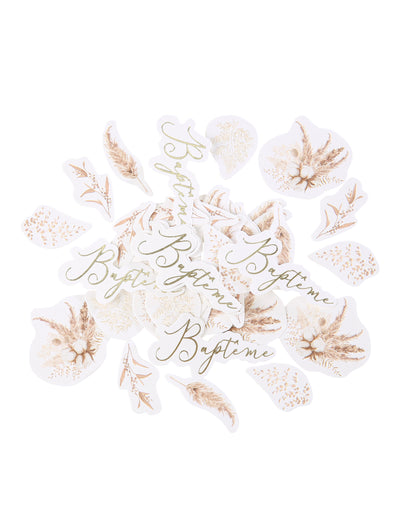 Confettis de table pampas et fleurs de coton pour baptême dorés