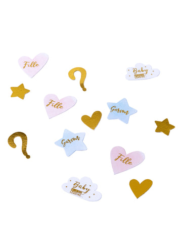 100 rózsaszín, kék és arany konfetti lány vagy fiú nemének felfedésére