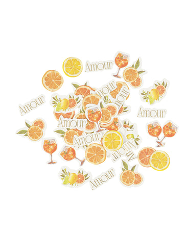 100 citrus színű pezsgő konfetti papírkonfetti krém, narancs, sárga és arany színben, különböző mintákkal