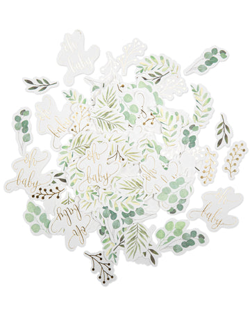 100 db Oh Baby konfetti, növényi alapú és arany eukaliptusz, babaváró bulira