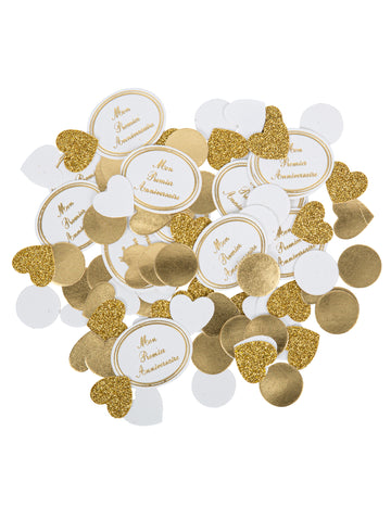 100 confettis mon premier anniversaire blancs et dorés pour table