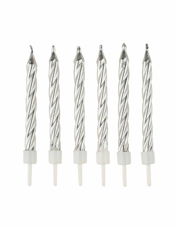 12 ezüst színű születésnapi gyertya talppal, 6,5 cm 